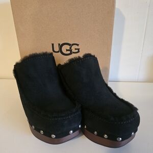 UGG Aubriana Black Suede Mules with Brown Sole